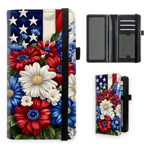 Patriotic Flag Daisy Premium Leather Checkbook Cover for Men Women, Multi-Functional Long Wallet with RFID Blocking, Business Card Holder&Pen Loop Slim Design - color: Patriotic Flag Daisy