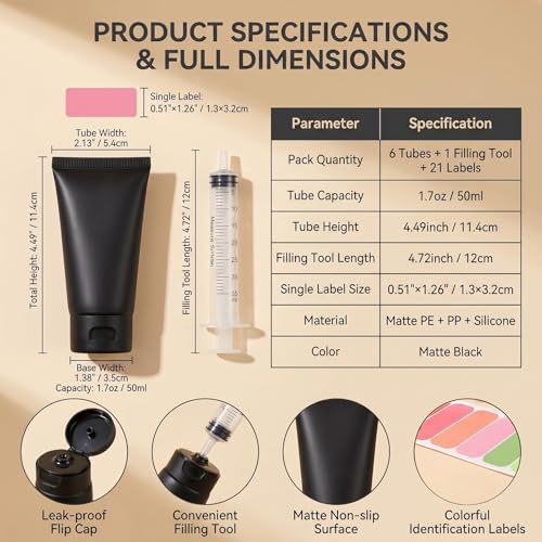 6 Pack Matte Black Empty Travel Squeeze Bottles with Flip Cap, Filling Tool & Label Stickers, Leak Proof Refillable Plastic Soft Tubes for Shampoo Lotion Toiletries Toothpaste Cosmetic (50ML/1.7oz)