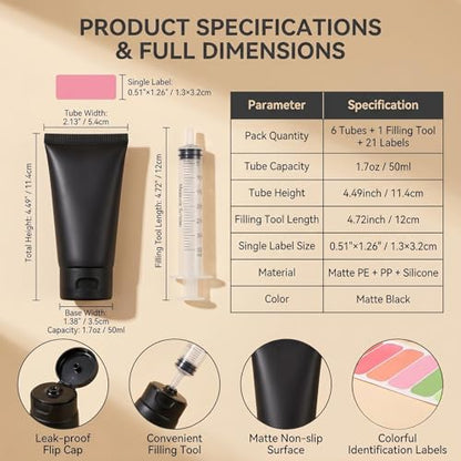 6 Pack Matte Black Empty Travel Squeeze Bottles with Flip Cap, Filling Tool & Label Stickers, Leak Proof Refillable Plastic Soft Tubes for Shampoo Lotion Toiletries Toothpaste Cosmetic (50ML/1.7oz)