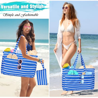 HUANLANG Extra Large Beach Bag Waterproof Beach Totes Bags for Women Men,Pool Bag with Zipper Wet Pocket - color: Blue and White