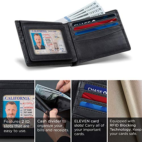 SERMAN BRANDS 2 ID Window Wallet for Men RFID Blocking Leather, Bifold Top Flip, Extra Capacity Travel Wallet - color: B. Charcoal Black Executive