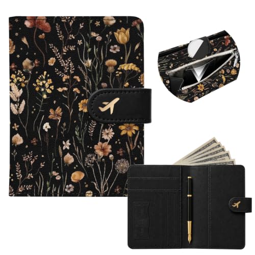 RFID Passport Holder with Tracker Slot, Leather Travel Wallet - color: Yellow Flowers