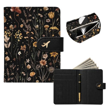RFID Passport Holder with Tracker Slot, Leather Travel Wallet - color: Yellow Flowers