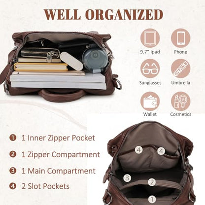 VX VONXURY Small Backpack Purse for Women, Faux Leather, Fit 9.7" IPad - color: Standard-coffee Fits Folder