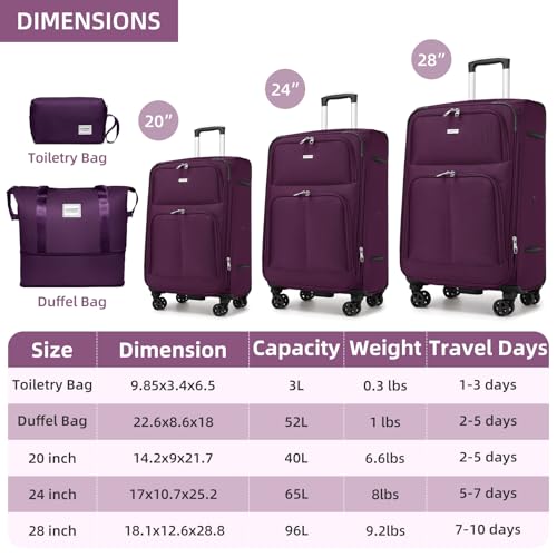 LARVENDER Luggage Sets 5 Piece Softside Expandable Suitcase Sets, Purple - color: Purple, size: 5 Piece Set
