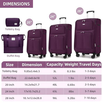 LARVENDER Luggage Sets 5 Piece Softside Expandable Suitcase Sets, Purple - color: Purple, size: 5 Piece Set