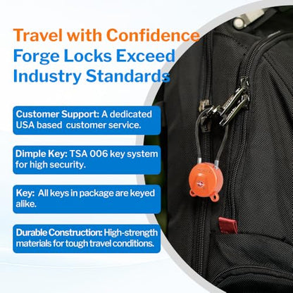 Forge TSA Approved Luggage Locks Ultra-Secure Dimple Key Cable Locks for Travel with Zinc Alloy Body- 2 Orange Locks - size: Orange 2 Locks