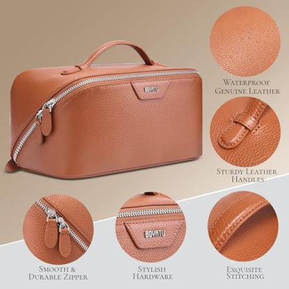 BOYATU Genuine Leather Travel Makeup Bag: Hand-made 3 Pcs Set Cosmetic Bags - color: 01Brown