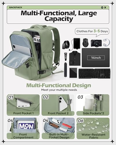 winspansy Travel Backpack for Women Men Essentials Carry on Luggage Flight Approved Personal Item Bag Work Backpack - color: Green