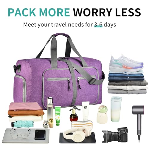 Dimayar 65L Foldable Duffle Bag for Travel, Lightweight Weekender Bags - color: Purple, size: 65L