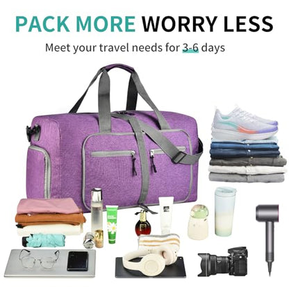 Dimayar 65L Foldable Duffle Bag for Travel, Lightweight Weekender Bags - color: Purple, size: 65L