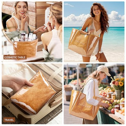 KALIDI PVC Tote Bag Women Large Kraft Paper Travel Beach Bag Jelly Purses - color: #2 Brown Set
