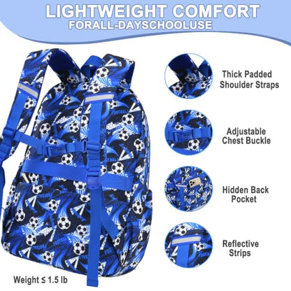 Boys Backpack Set 3PCS Ages 6-12, Kids School Backpack - color: Soccer Blue