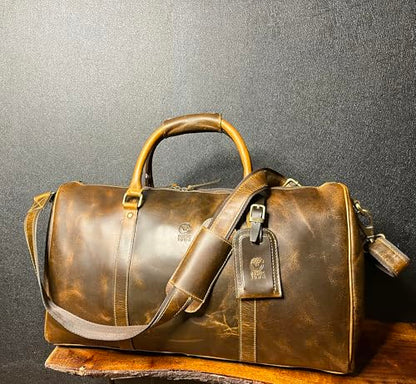 Leather Duffle Bag for Men - Full Grain Travel Weekender, Brown 20 Inch - color: Brown