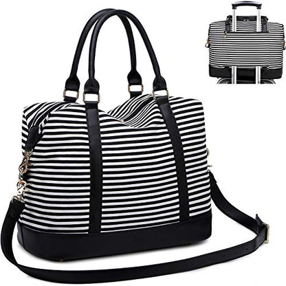 CAMTOP Women Ladies Travel Bag Canvas Weekend Overnight Carry On Luggage Bags - color: B-Stripe -Black