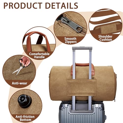 PU Leather Garment Bag, Convertible Garment Duffel Bag for Travel Mens Suit Bag 2 in 1 Waterproof Foldable Carry on Garment Bag with Shoulder Strap Weekender Bag with Shoe Pouch - color: C-Brown