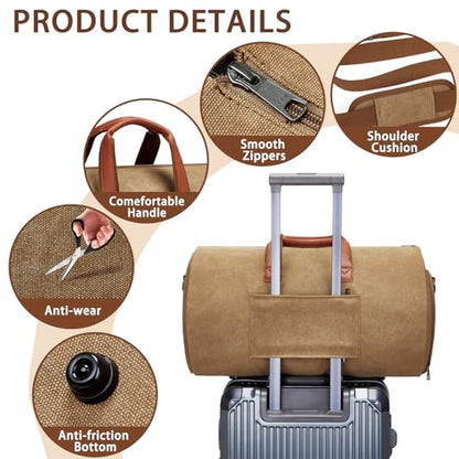 PU Leather Garment Bag, Convertible Garment Duffel Bag for Travel Mens Suit Bag 2 in 1 Waterproof Foldable Carry on Garment Bag with Shoulder Strap Weekender Bag with Shoe Pouch - color: C-Brown