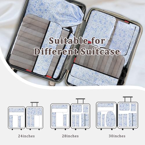U+U 8 Set Compression Packing Cubes, Travel Organizers (Blue Flower) - color: Blue Flower, size: 8 Set