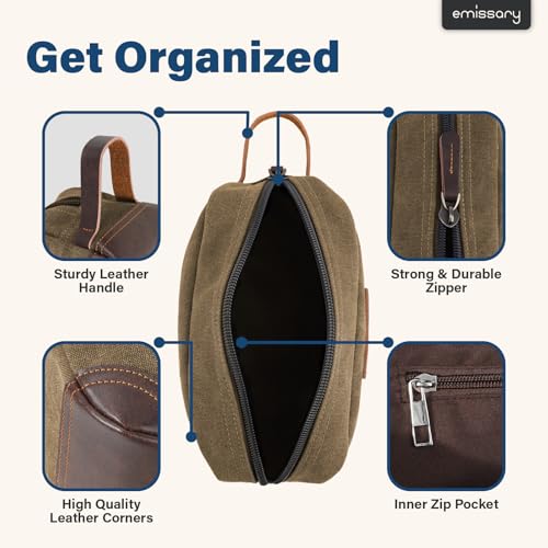 emissary Men's Canvas Travel Toiletry Bag, Leather Dopp Kit - Brown - color: Brown