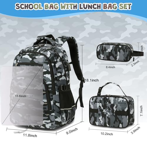 ACESAK 3PCS Camo Backpack for Boys with Lunch Box Pencil Case - color: Gray Black