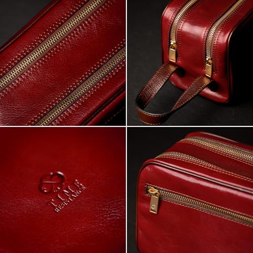 Time Resistance Leather Cosmetic Bag - Italian Toiletry Dopp Kit (Red) - color: Red