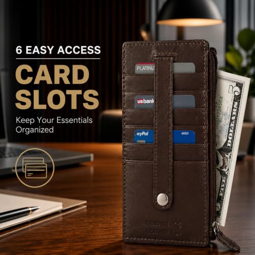 Leatherboss Genuine Leather Women's All in One Credit Business Card Case Holder Slim Zipper Wallet With a Card Protection Strap, Brown - color: Brown