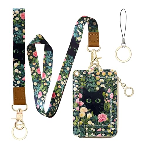2-in-1 ID Badge Holder & Lanyard Wallet Cute Women Leather Zip ID Case Wallet with Breakaway Wrist Neck Lanyard, Clear Window, 5 Card Slots, Ring Keychain for Worker Teacher Floral Halloween Black Cat - color: Flower Black Cat
