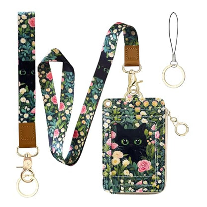 2-in-1 ID Badge Holder & Lanyard Wallet Cute Women Leather Zip ID Case Wallet with Breakaway Wrist Neck Lanyard, Clear Window, 5 Card Slots, Ring Keychain for Worker Teacher Floral Halloween Black Cat - color: Flower Black Cat
