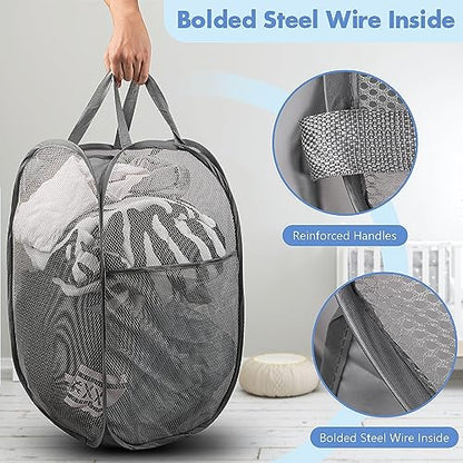 2 Pack Pop Up Laundry Hampers, 70 L Collapsible Foldable Mesh Basket, Gray - color: 2 PCS Gray