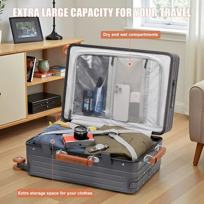 ROPLUS Carry On Luggage with Front Cover Compartment, Aluminium Frame Rolling Suitcase with Skate Wheels, USB Ports, Cup Holder, TSA Lock (GrayBrown, 21-Inch) - color: GrayBrown, size: 21-Inch