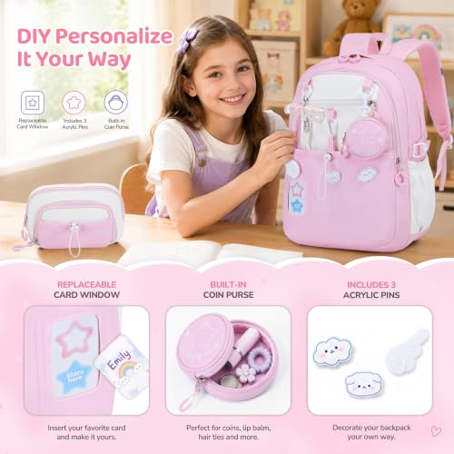 DIGOBAY Backpack for Girls, 5PCS School Bookbag with Lunch Box Pencil Case - color: Pink