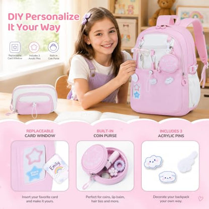 DIGOBAY Backpack for Girls, 5PCS School Bookbag with Lunch Box Pencil Case - color: Pink