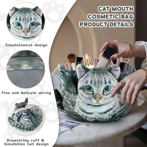 Cat Shaped Drawstring Makeup Bag for Women - Grey Tabby Cat Design Cosmetic Case - color: Grey Tabby Cat