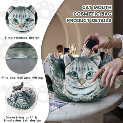 Cat Shaped Drawstring Makeup Bag for Women - Grey Tabby Cat Design Cosmetic Case - color: Grey Tabby Cat