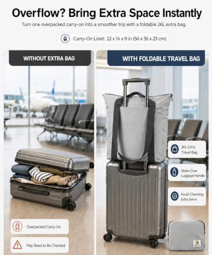 Foldable Travel Bag, 26L Lightweight Weekender Duffel, Expandable Second Carry-On Bag for Travel & Shopping, Water-Resistant Personal Item Bag, Gray - color: Gray