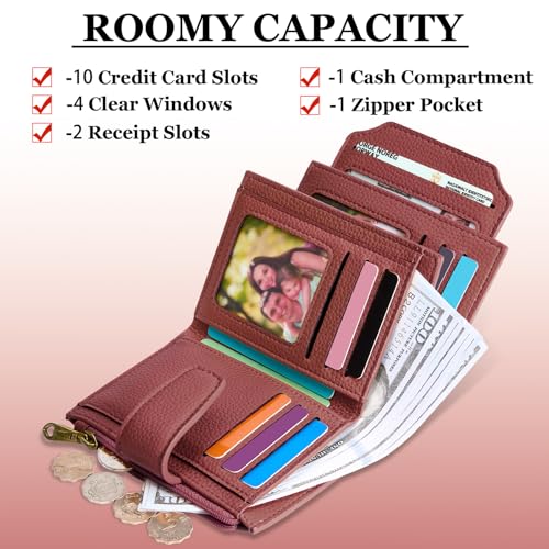 Airkit Small Wallet Women RFID Blocking Vegan Leather Bifold Compact Card Holder Wallet for Women with Zipper Coin Pocket 4 ID Window - color: Colorblock - Blush Pink/Red