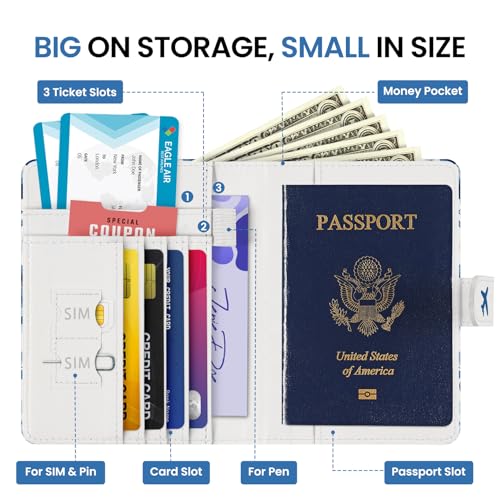 Passport Holder for Travel, RFID Blocking Wallet with Magnetic Closure - color: B-BlueFloral