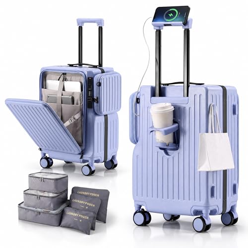 20-Inch Front Opening Carry On Luggage with Detachable Bag, Blue - color: Blue