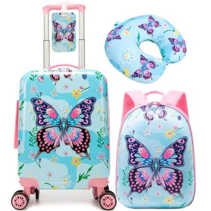Kid's Hardshell Luggage Sets 4 Piece Rolling Suitcases with Wheels for Girls Women 16" Carry on Luggage Toddler Travel Suitcase Set - color: Pink Butterfly