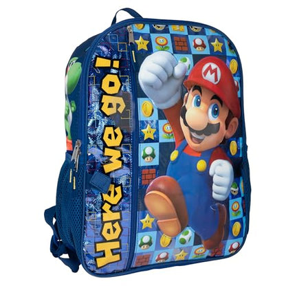 AI ACCESSORY INNOVATIONS Super Mario Brothers 5 PC Backpack Set, Girls & Boys School Bag 16” with Front Zip Pocket, Blue - color: Navy Mario