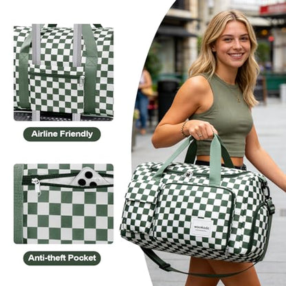 WOOMADA Foldable Travel Duffel Bag for Women, Weekender Bags with Shoes Compartment,Overnight Bag with Wet Pocket & Trolley Sleeve(green checkerboard) - color: green checkerboard