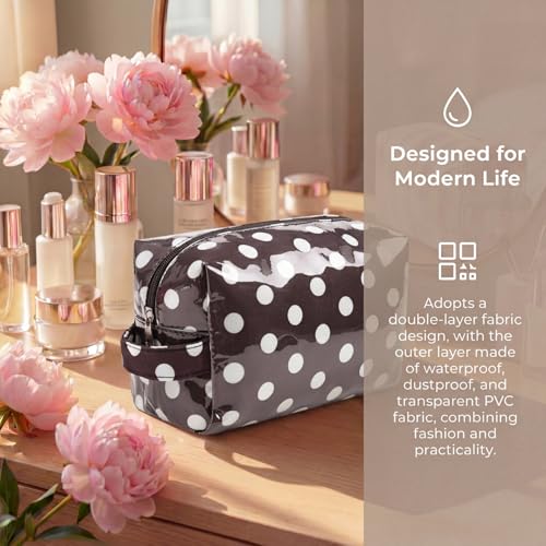 PVC Polka Dots Makeup Bag,Easy to Clean,Waterproof Clear Coated Cosmetic Bag,Cute Travel Organizer Zipper Pouch for Beach Vacation Essentials(04White Dots) - color: 04White Dots