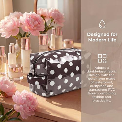 PVC Polka Dots Makeup Bag,Easy to Clean,Waterproof Clear Coated Cosmetic Bag,Cute Travel Organizer Zipper Pouch for Beach Vacation Essentials(04White Dots) - color: 04White Dots