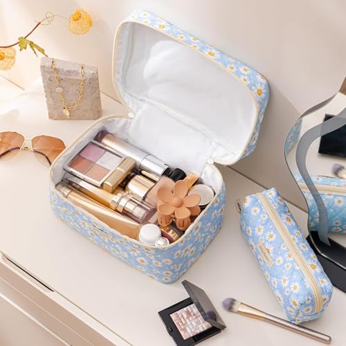 HBselect Quilted Makeup Bag, 3Pcs Cotton Large Travel Makeup Bags Organizer - color: A-3PCS-Daisy