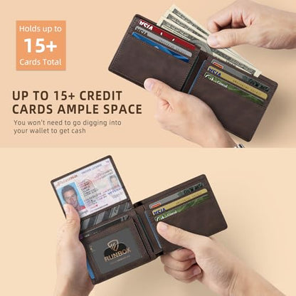 RUNBOX Wallet for Men -Slim Rfid Leather Mens Bifold Novelty Wallets 2 ID Window With Gift Box Men's Accessories - color: CH DARK BROWN