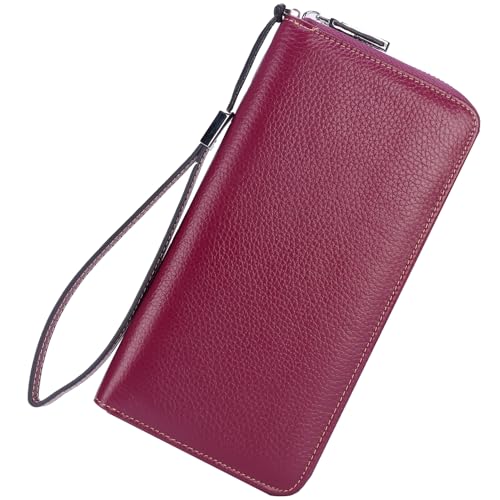 Lavemi Women's RFID Blocking 100% Leather Large Capacity Zip Around Wallet Phone Holder Clutch Travel Purse Wristlet(Large Size Pebbled Dark Magenta) - color: 1- Pebbled Dark Magenta, size: One Size