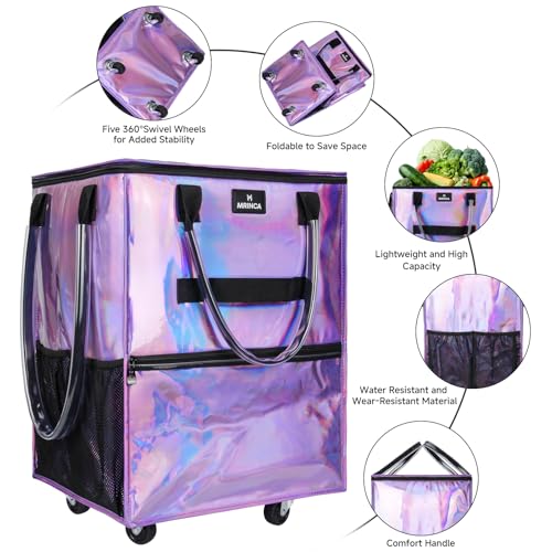 Reusable Grocery Bag On Wheels, 70L Foldable Rolling Tote with 6 Pockets - color: Gradient Purple, size: Medium