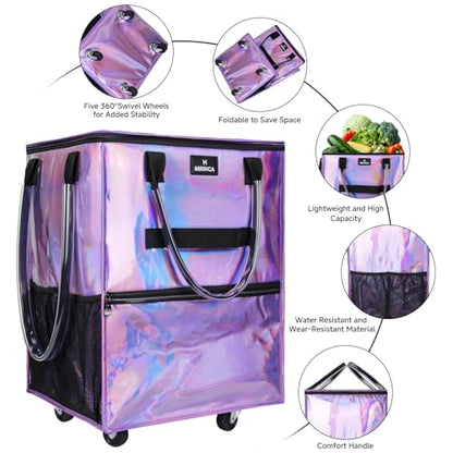 Reusable Grocery Bag On Wheels, 70L Foldable Rolling Tote with 6 Pockets - color: Gradient Purple, size: Medium