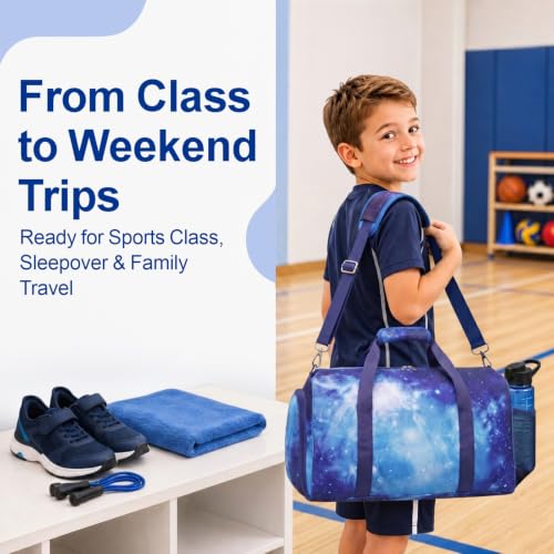 Bagseri Boys Duffle Bag for Travel - Kids Gym Bag with Shoe Compartment - color: B5-Purple Starry Sky, size: Medium - 17.3 x 9 x 9.7 in
