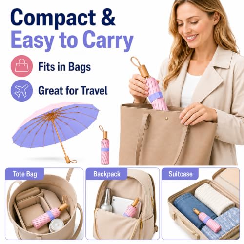Compact Travel Umbrella with UPF 50+ UV Protection - color: Purple And Pink